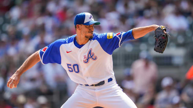 Jul 1, 2023; Cumberland, Georgia, USA; Atlanta Braves starting pitcher Charlie Morton (50) pitches against the Miami Marlins during the first inning at Truist Park.